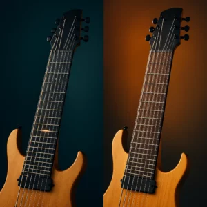 Diptyque guitare 8 cordes comparant F#BEADGBE et C Standard, même instrument, lumière studio