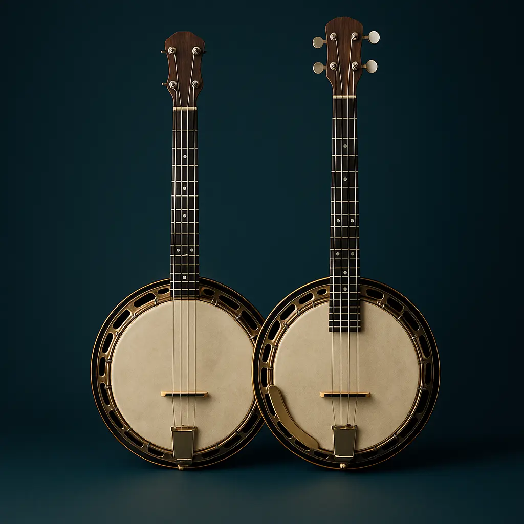 Comparaison visuelle : banjo ténor 4 cordes et banjo 5 cordes, formats et usages