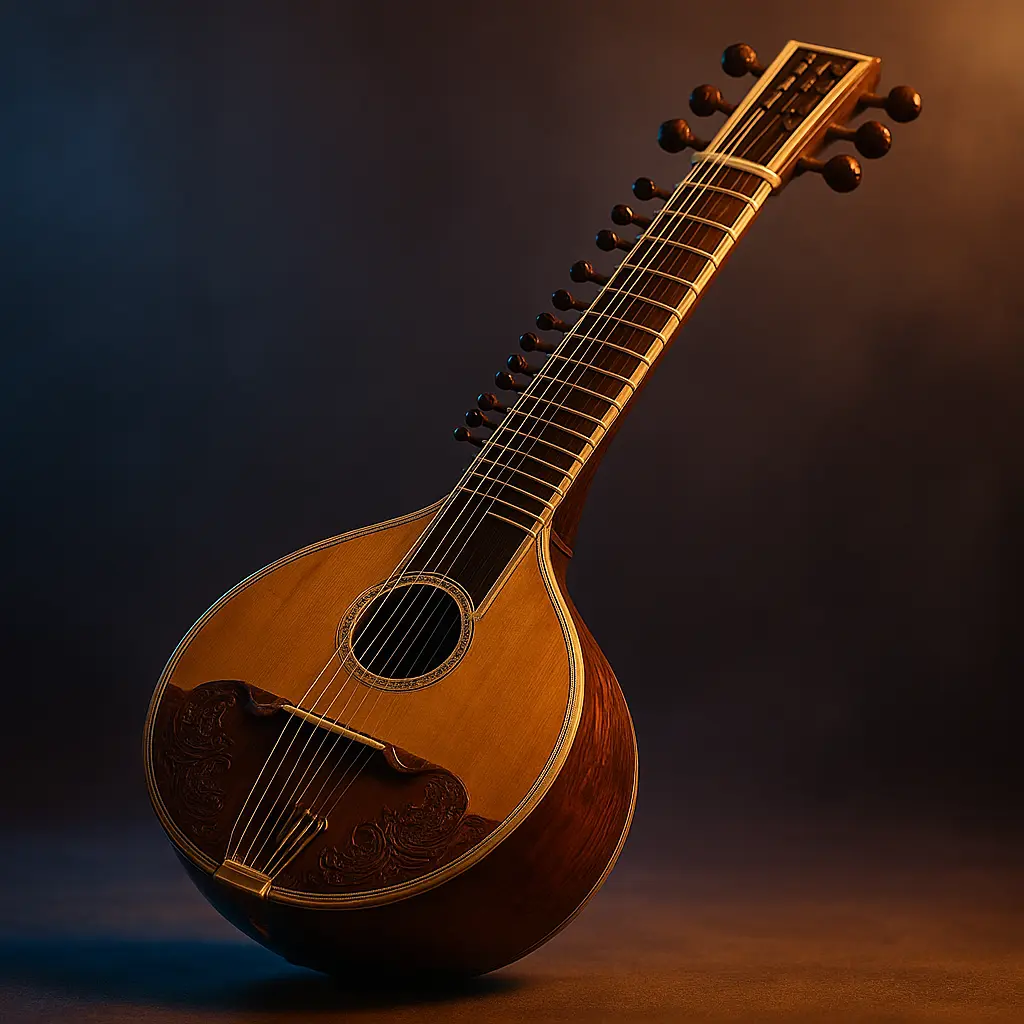 Sitar indien en scène : grande calebasse, long manche, chevalet jawari bourdonnant