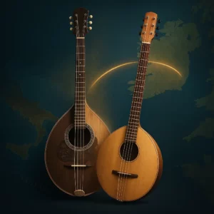 Morphing d’un bouzouki grec vers un bouzouki irlandais sur une carte stylisée reliant mer Égée et Irlande