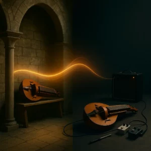 Vielle à roue reliant une église médiévale à un setup d’effets moderne via un ruban lumineux