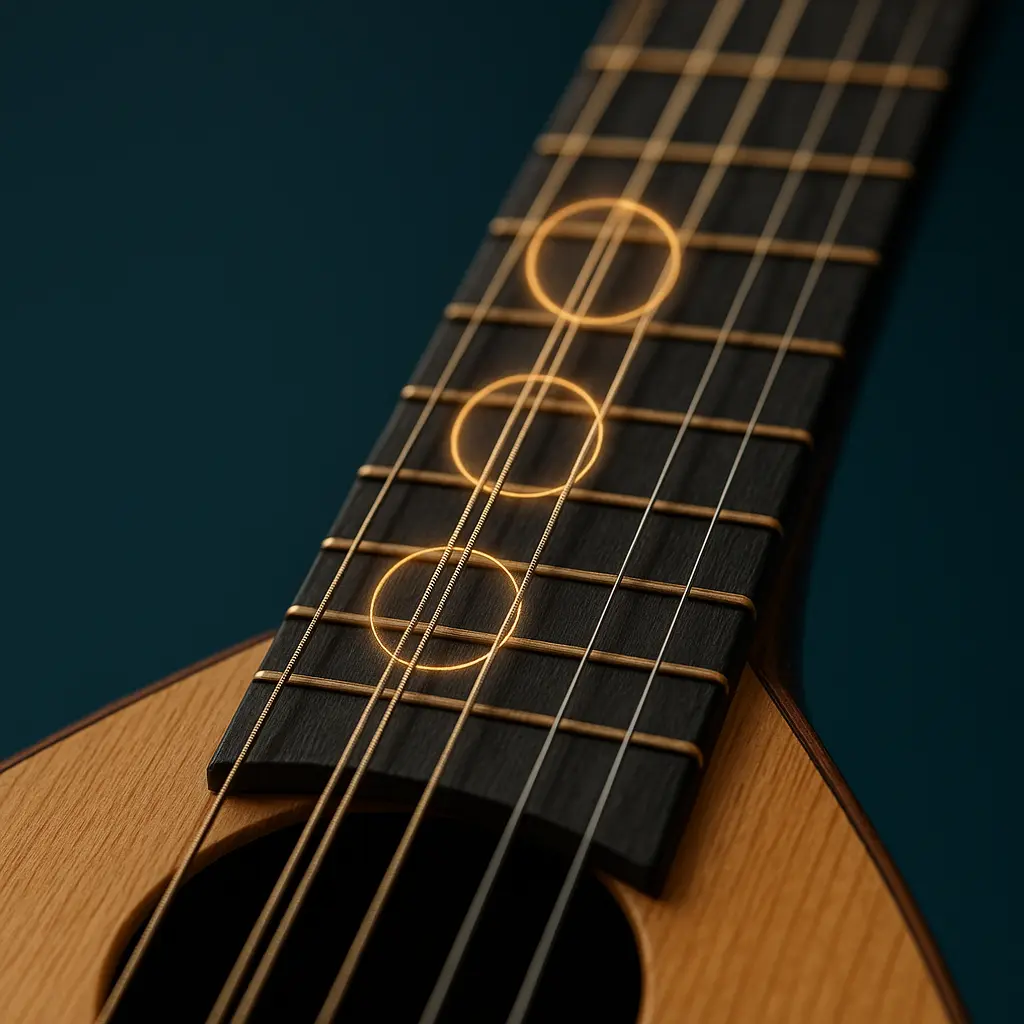 Détail du Bağlama : rosace simple, chevalet minimal et chœurs de cordes