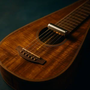 Gros plan d’une Weissenborn en koa, tone bar sur la 12e frette avec un halo d’harmoniques