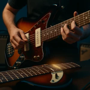 Gros plan d’une Bass VI jouée au médiator, combinant ligne de basse et accord de guitare