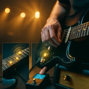 Gros plan d’un guitariste qui coupe le son et active l’accordeur au pied sous des projecteurs chauds