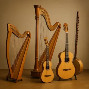 Harpes celtique, classique, paraguayenne et kora alignées — familles et timbres du monde.