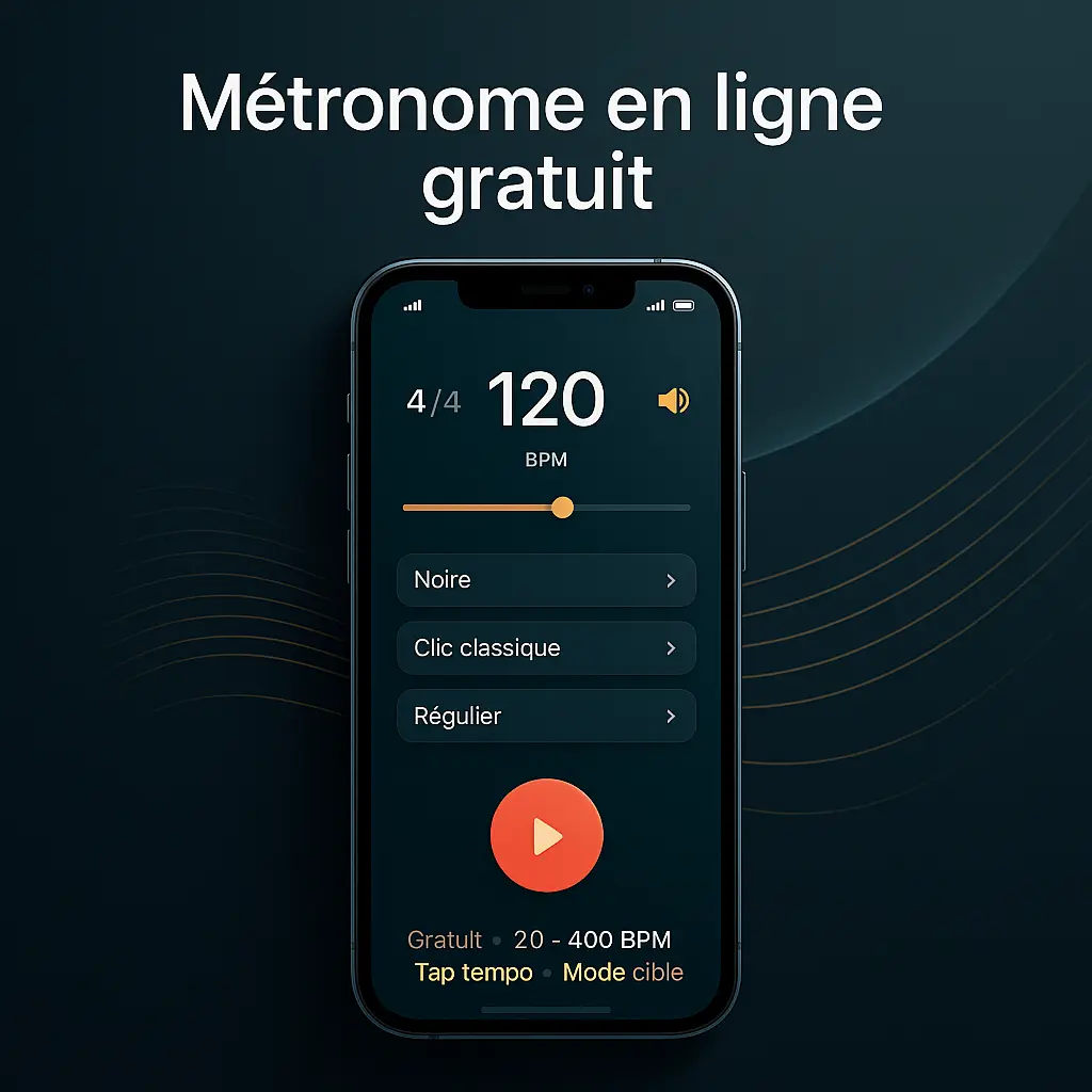 Métronome en ligne gratuit – application web interactive Guitar Social Club (20–400 BPM, tap tempo, mode cible)