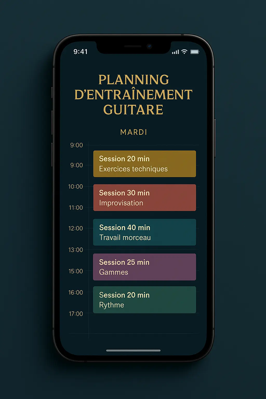 Planning d’entraînement guitare plein écran, lisible et catégorisé