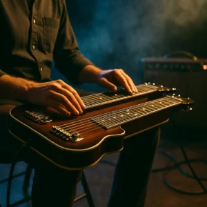 Double lap steel sur scène, mains prêtes à jouer, éclairage doré et bleu.