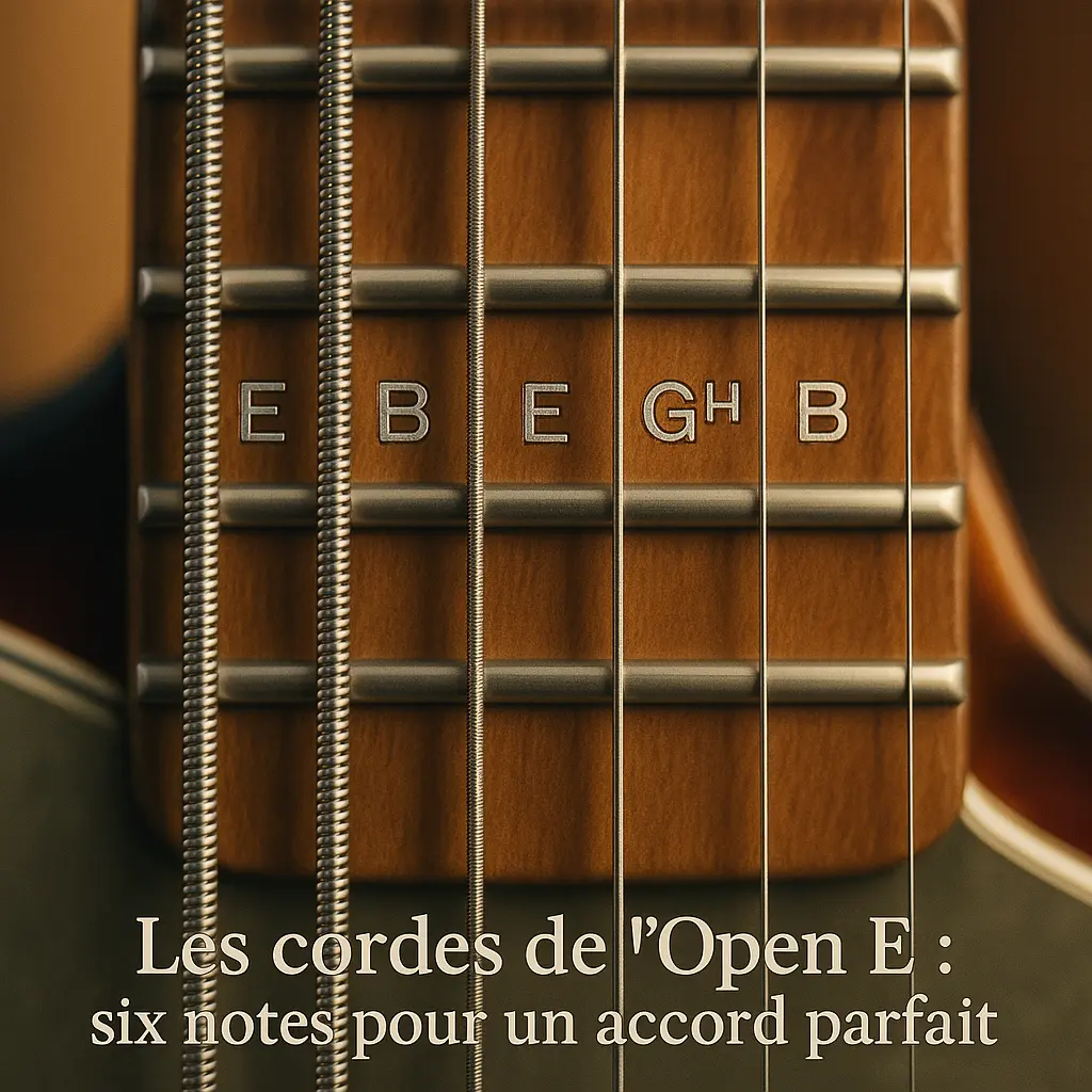 Les cordes de l’Open E : E B E G# B E affichées sur le manche de guitare