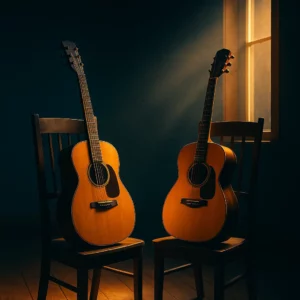 Deux guitares acoustiques face à face dans une lumière dorée, symbolisant la nostalgie de Wish You Were Here de Pink Floyd.