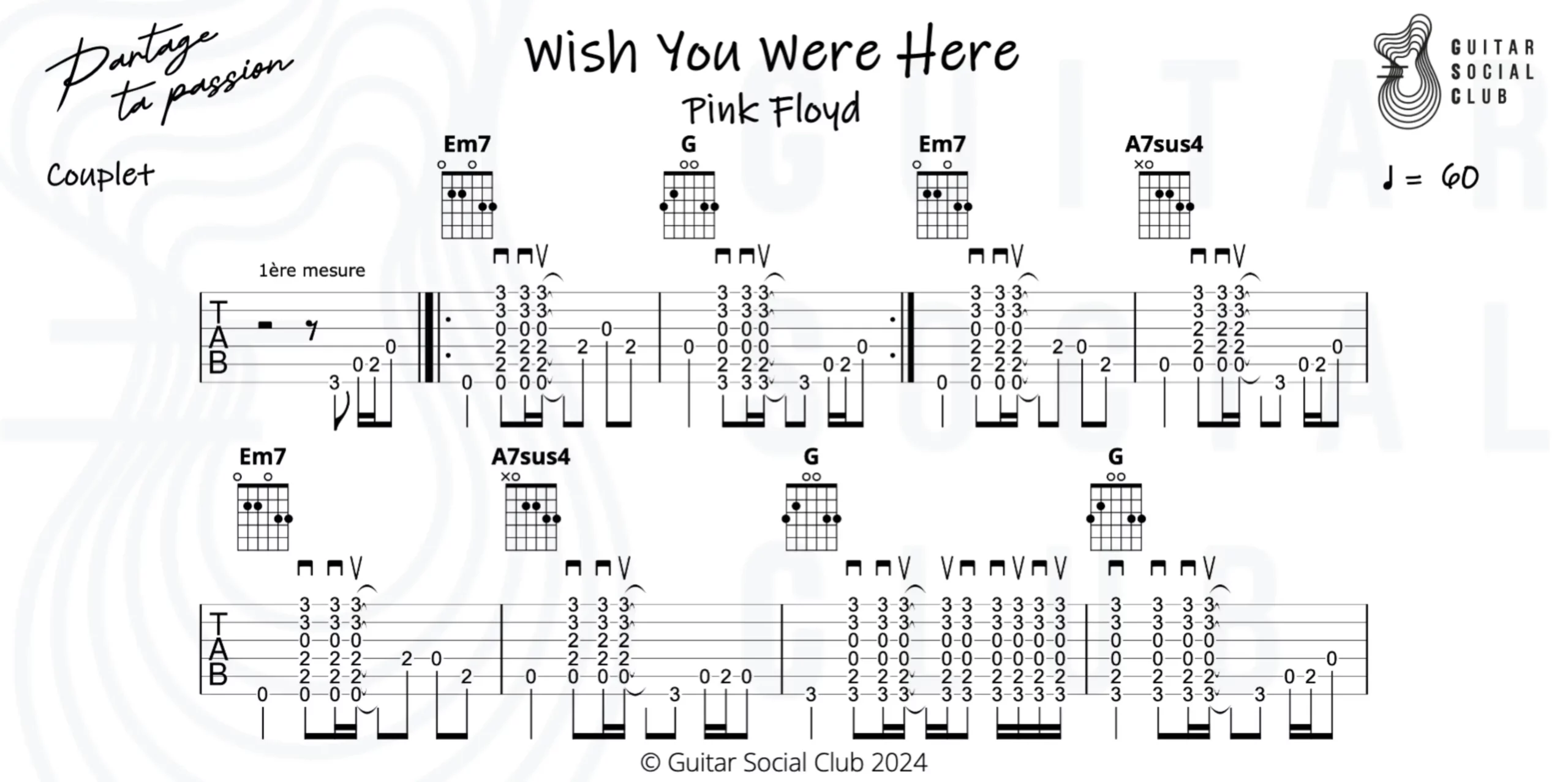 Partition guitare officielle Guitar Social Club de Wish You Were Here – intro picking et accords