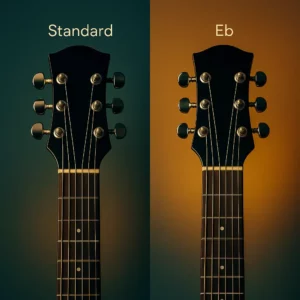 Diptyque montrant la même guitare en E standard puis en Eb, tension visuelle légèrement réduite en Eb