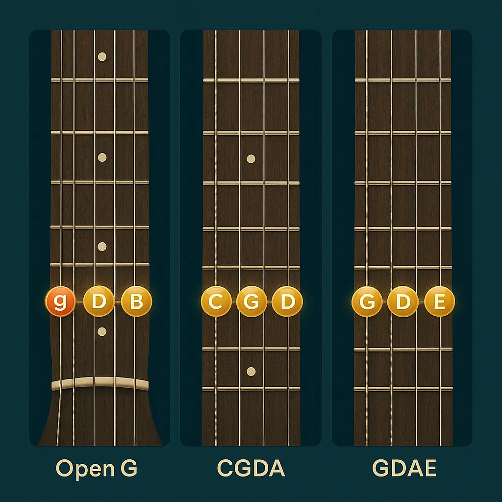 Repères visuels : Open G gDGBD, CGDA ténor, GDAE irlandais