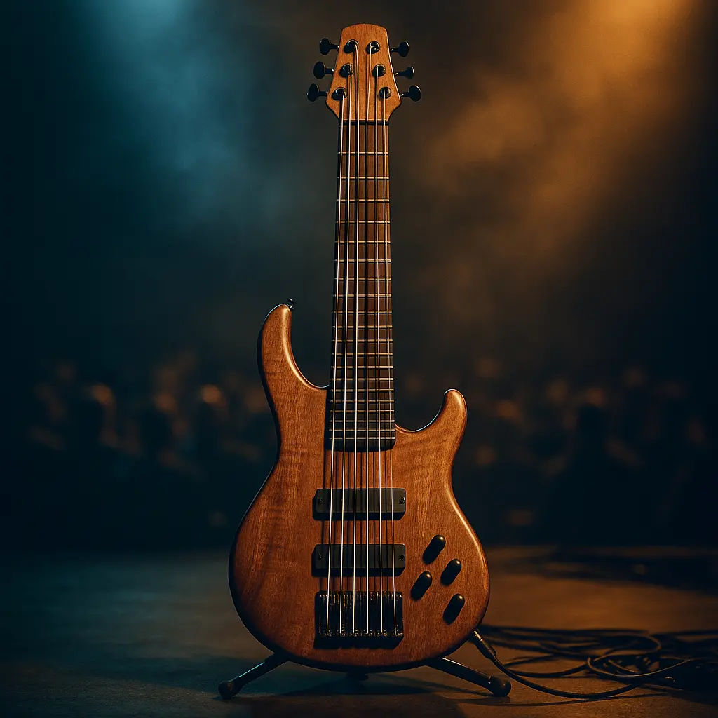 Basse six cordes moderne en studio, bois naturel et 24 frettes