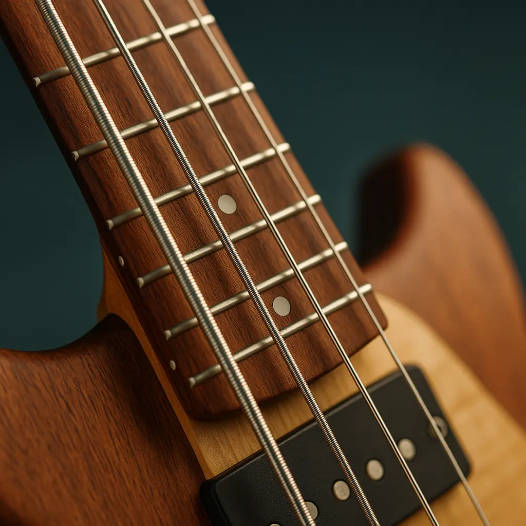 Détail d’une basse piccolo : chevalet, tirants fins et micros clairs