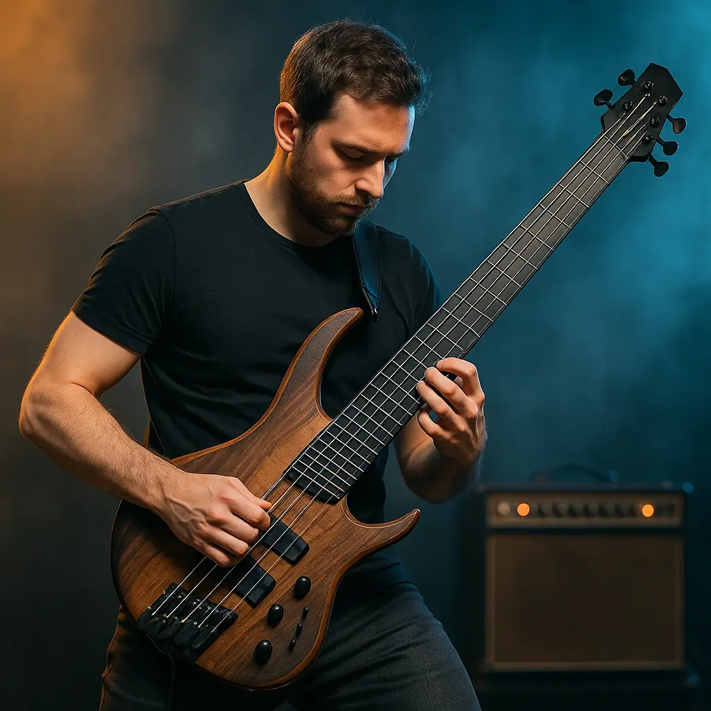 Contrabass guitar multiscale en studio avec frettes en éventail