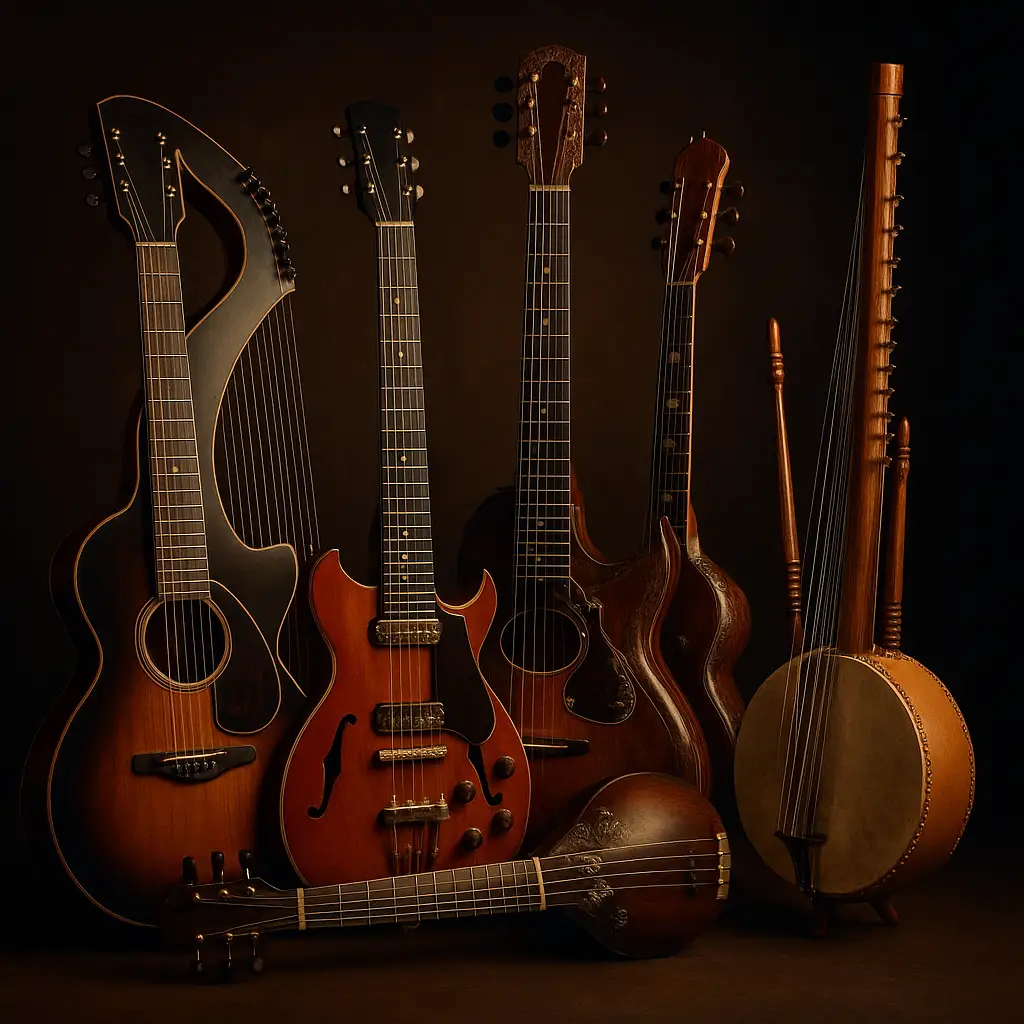 Guitare-harpe avec cordes flottantes et caisse résonante en bois