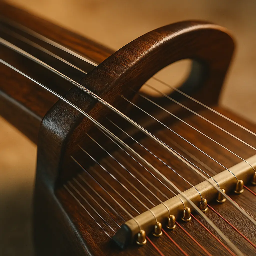 Détail de chevalet et cordes résonantes sur une guitare expérimentale