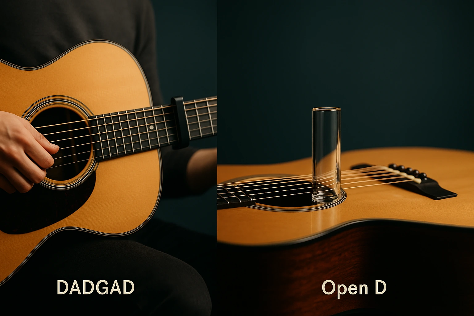 Comparatif visuel : DADGAD (fingerstyle) vs Open D (slide)