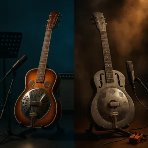 Deux résonateurs en situation de scène, l’un orienté bluegrass clair (spider), l’autre blues rugueux (biscuit)