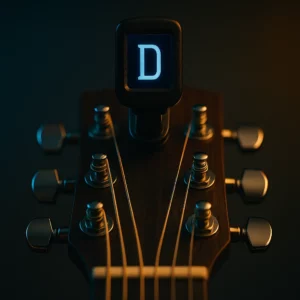 Gros plan d’un accordeur indiquant D sur la 6e et la 1re corde d’une guitare en Double Drop D.