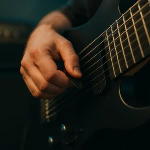 Main droite en palm-mute sur guitare 7 cordes, gros plan près du chevalet