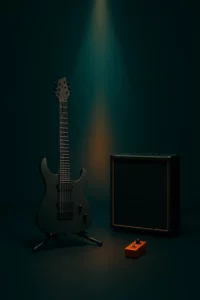 Guitare, cab et pédale en studio avec un cône lumineux double symbolisant des graves profonds et une clarté dans les aigus