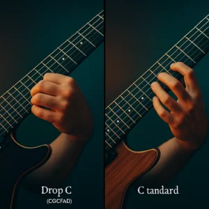 Diptyque montrant Drop C (power chord à un doigt) face à C Standard (accord complet), même guitare en studio