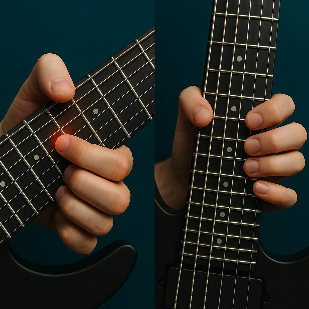 Schéma drop G tuning guitare et drop F# : positions d’accords et repères sur 7/8 cordes