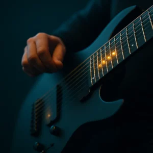 Gros plan d’une guitare 8 cordes montrant la corde grave et un palm-mute précis pour les accordages Drop G et F#