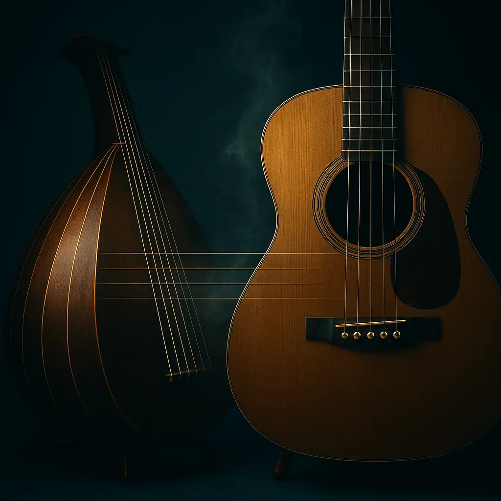 Jeu au luth dans un intérieur renaissance, ambiance intime