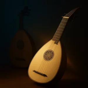 Luth renaissance en premier plan avec la silhouette d’un oud en arrière-plan, évoquant l’origine orientale du luth