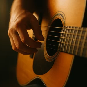 Main droite en fingerpicking sur guitare folk accordée en Open F, alternant basses et cordes à vide.