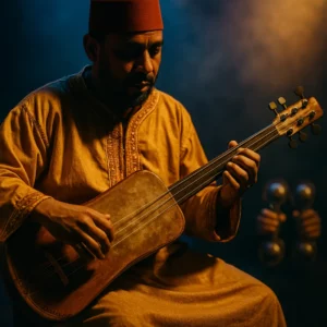 Maâlem Gnawa jouant le guembri, peau tendue et trois cordes en gros plan
