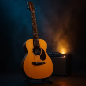 Guitare baryton en bois naturel, diapason long et cordes épaisses, ambiance bleu pétrole et ambre devant un ampli vintage
