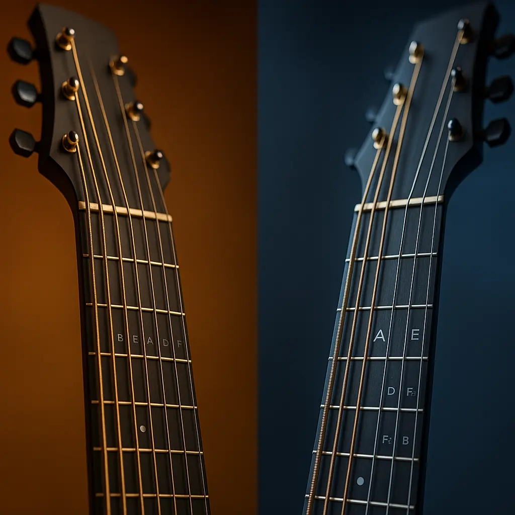 Détails de lutherie d’une guitare baryton, chevalet, sillet et diapason long