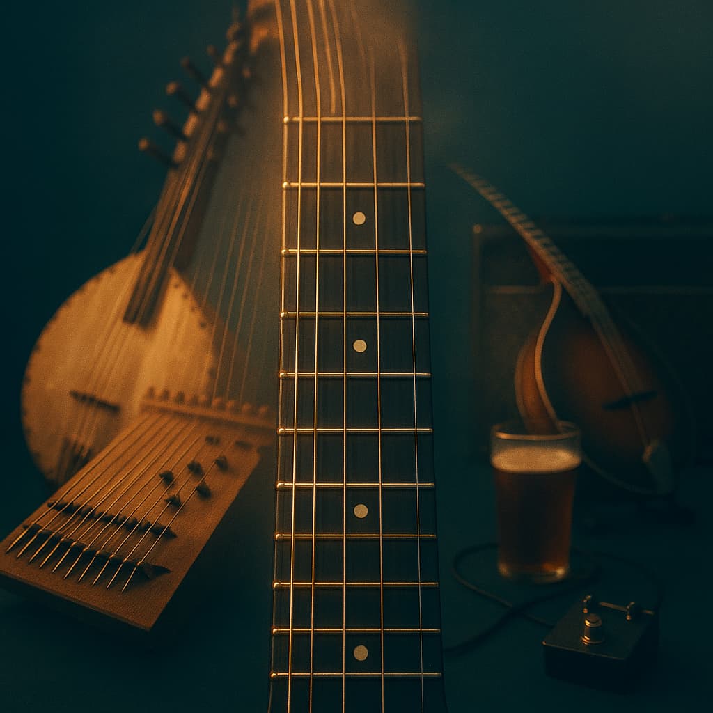 Pont entre cithare, kora et guitare moderne en open tuning et cordes à vide