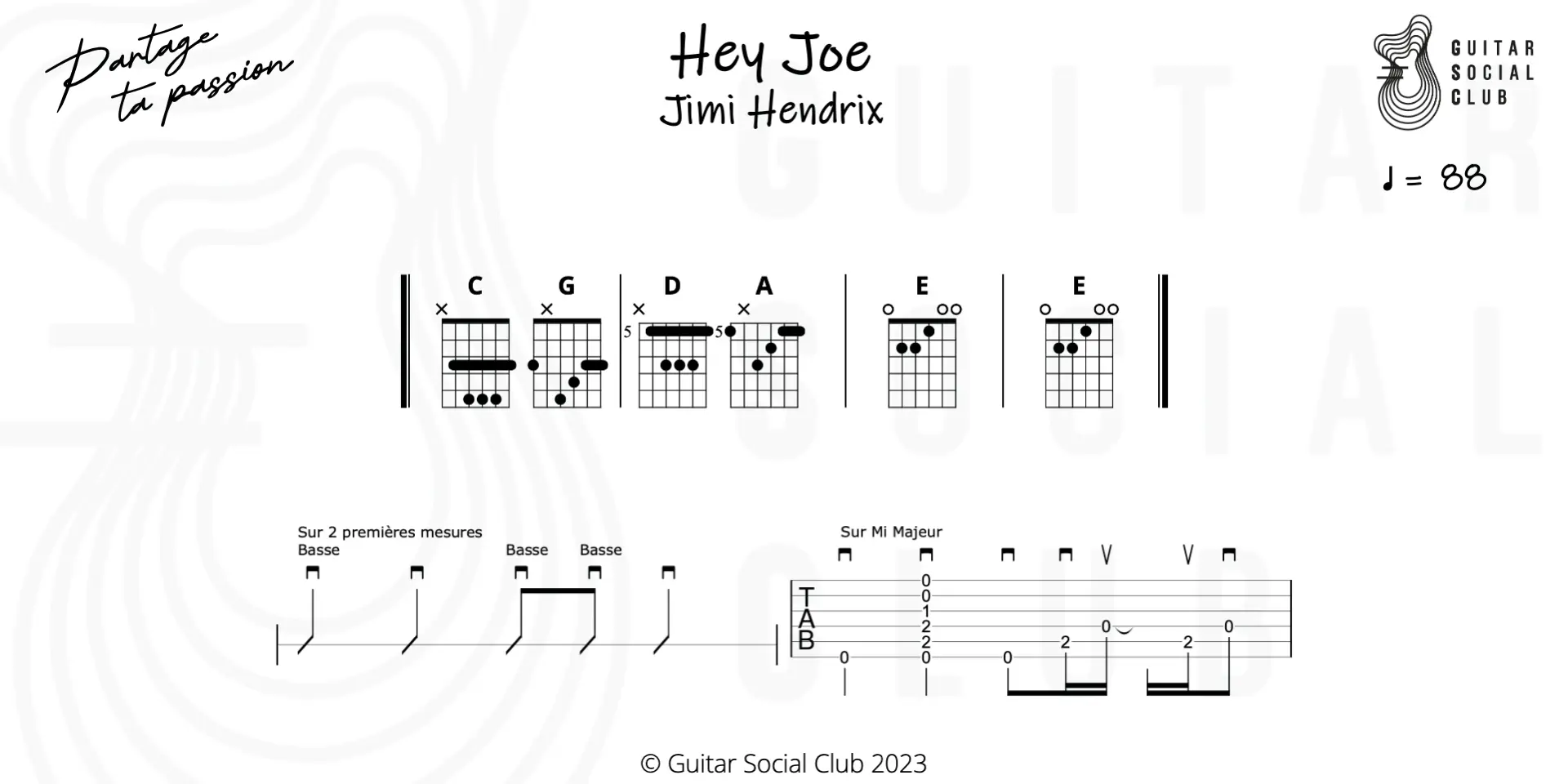 Partition Hey Joe – arrangement facile Guitar Social Club