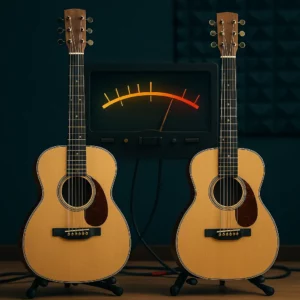 Deux guitares identiques de part et d’autre et un mixeur suggérant la double prise Standard + Nashville