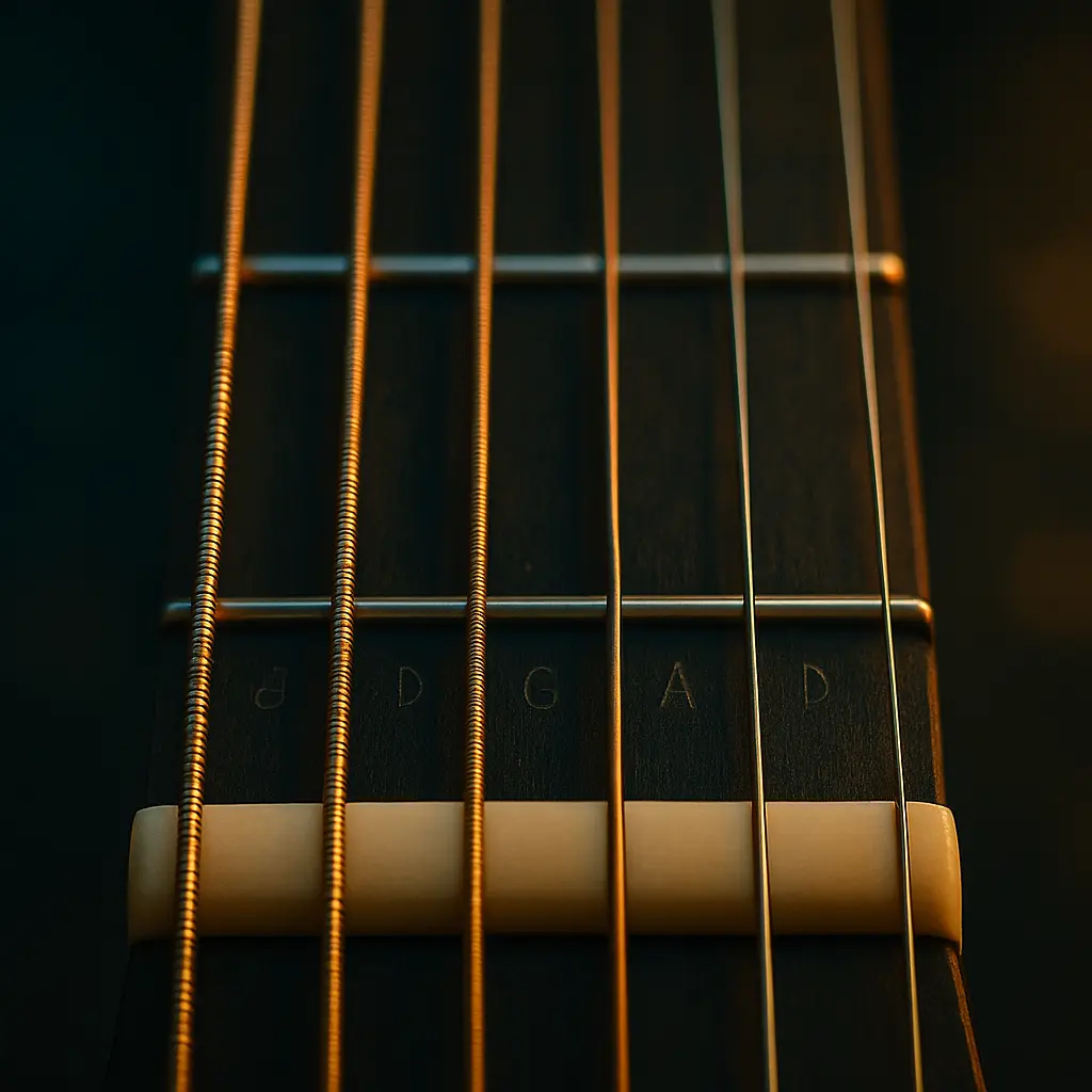 Cordes affichées sur le manche en EADGAD : E A D G A D