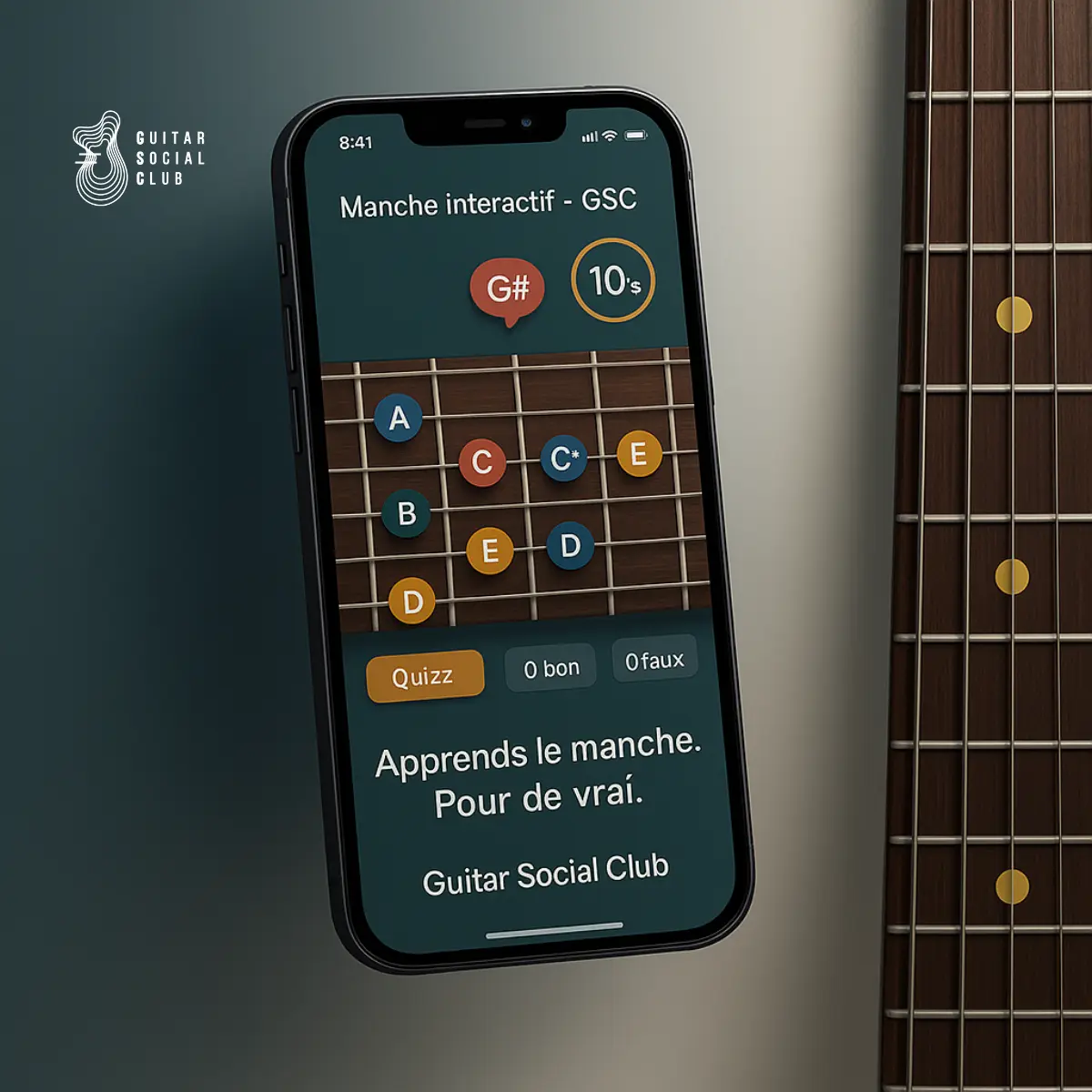 Manche de guitare interactif pour apprendre les notes