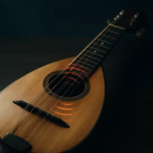 Gros plan d’une mandoline montrant la rosace, le chevalet et les chœurs de cordes doublées accordés en GDAE