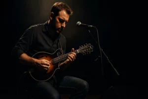 un artiste de la mandoline en train de jouer en concert