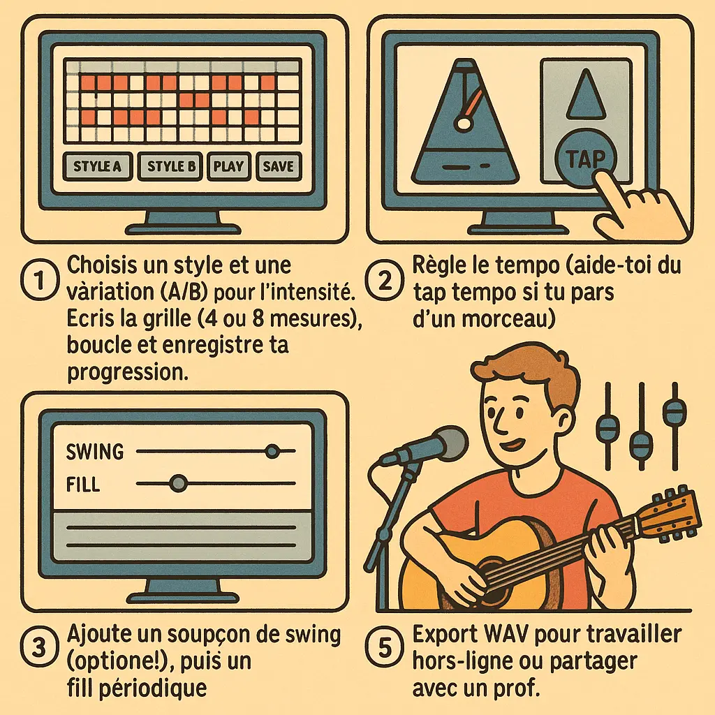 Exemple d’exercice sur guitare avec une boîte à rythmes en ligne