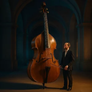 Octobasse géante dans un musée, musicien à son pied, cordes colossales et archet