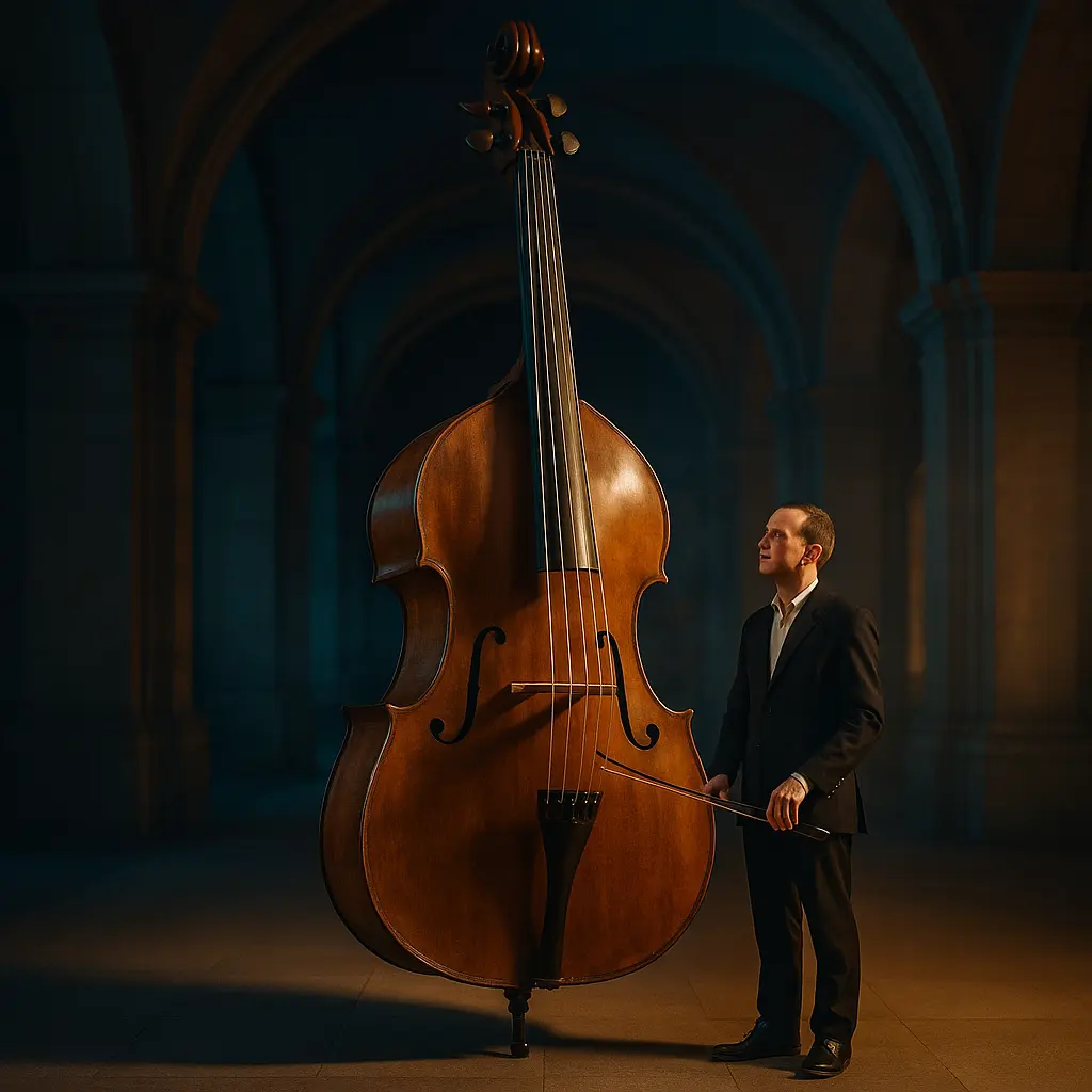 Octobasse monumentale sur scène avec archet, proche de 4 mètres de haut