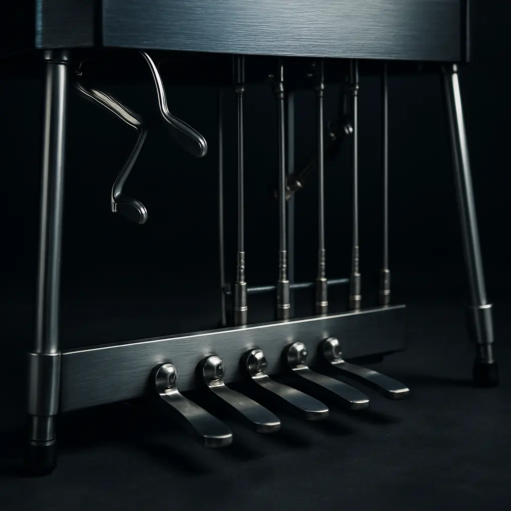 Pedal Steel Guitar double-neck chromée sur scène, reflets dorés, fond sombre et ambiance country moderne