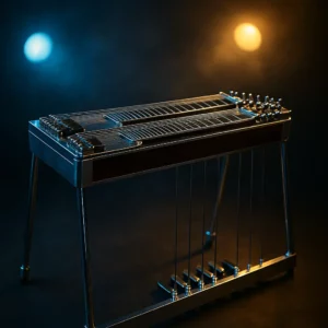 Pedal Steel Guitar double-neck E9/C6 chromée sous halos bleus et dorés, ambiance de scène
