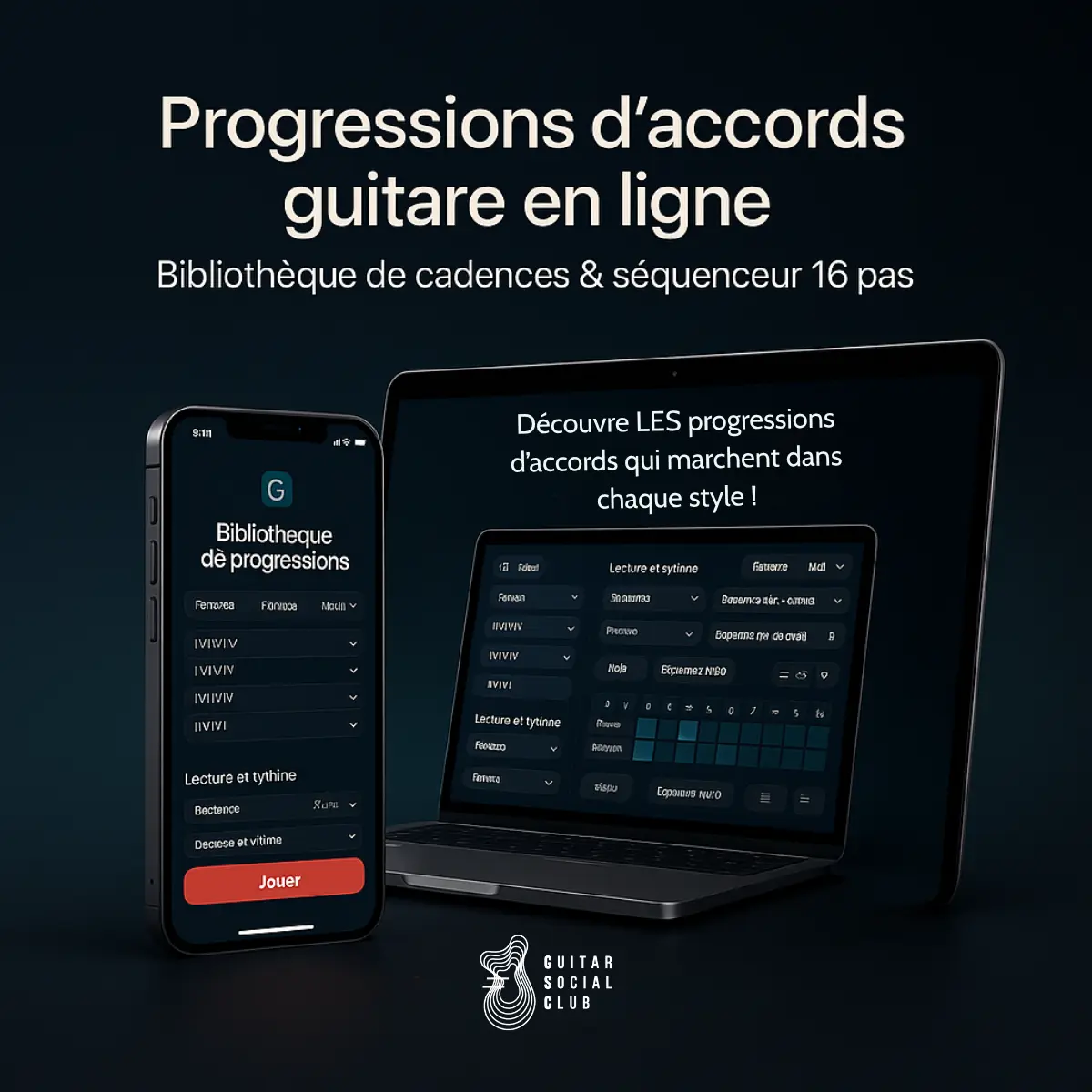 Interface du générateur de progressions d’accords avec séquenceur 16 pas et bibliothèques de cadences